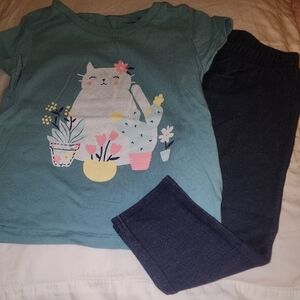 Sz 12-18 Months Carter's Teal Cat & Cactus Set with Blue Leggings